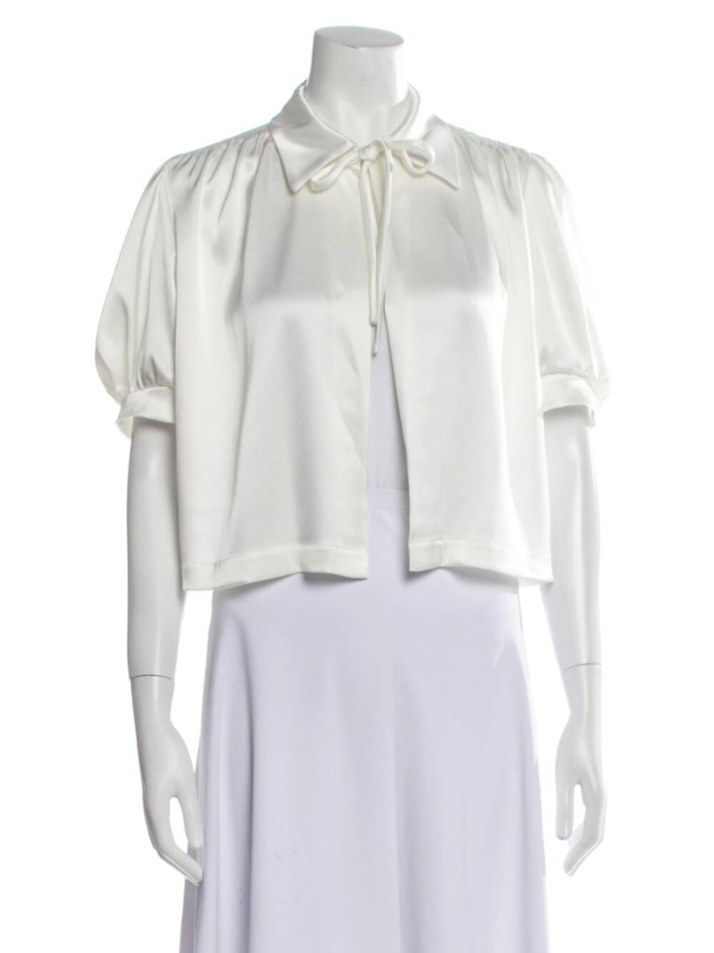 Hiraeth Ivory Satin Tie Front Open Crop Top S | Puff Sleeve Silk Blouse